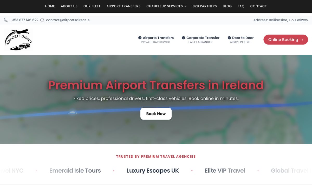 Strona Airports Direct — transfery lotniskowe w Irlandii