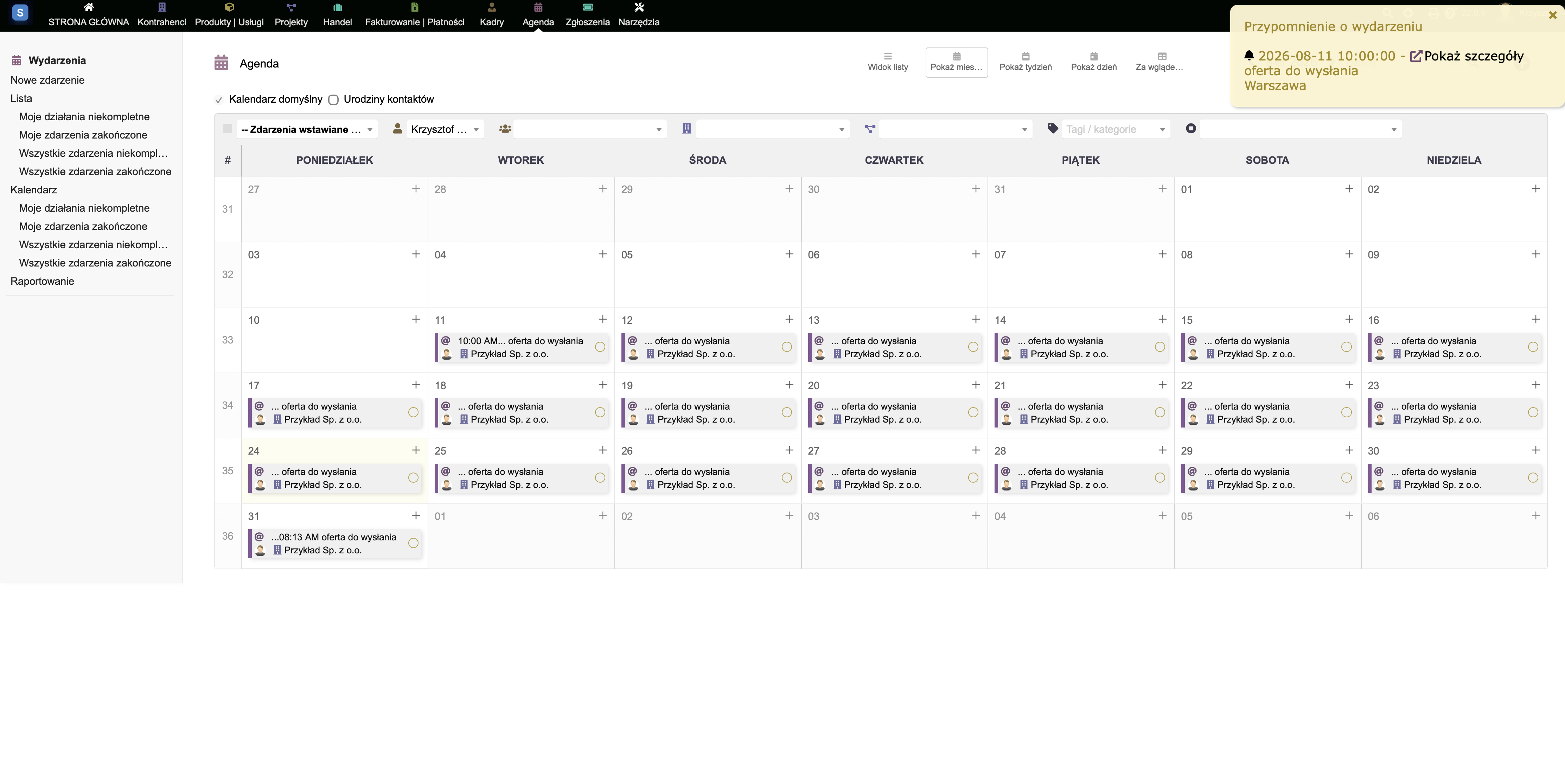 Agenda w Dolibarr CRM: zadania i terminy rozłożone w kalendarzu