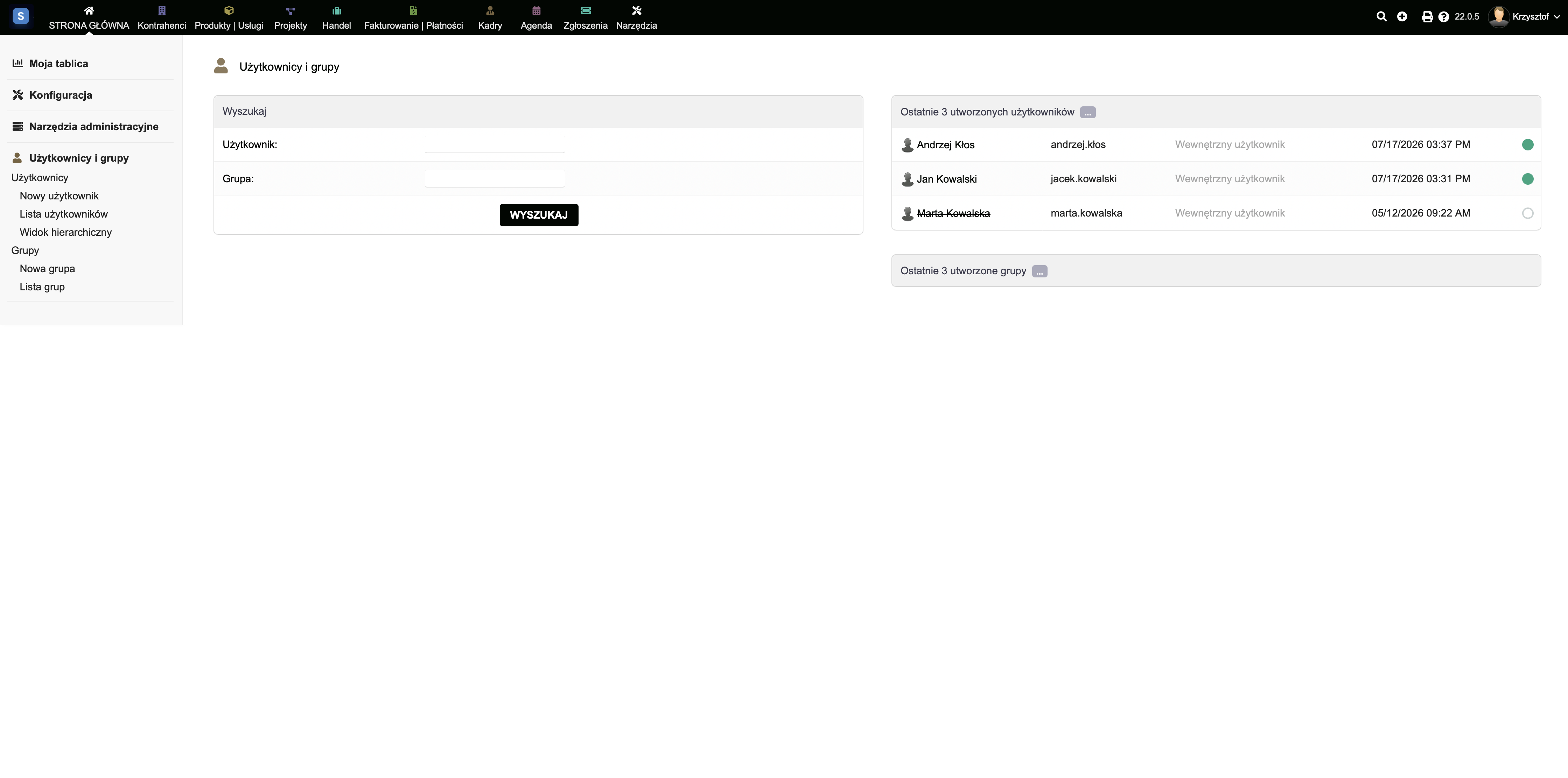 Lista użytkowników CRM z podziałem na role i statusy dostępu