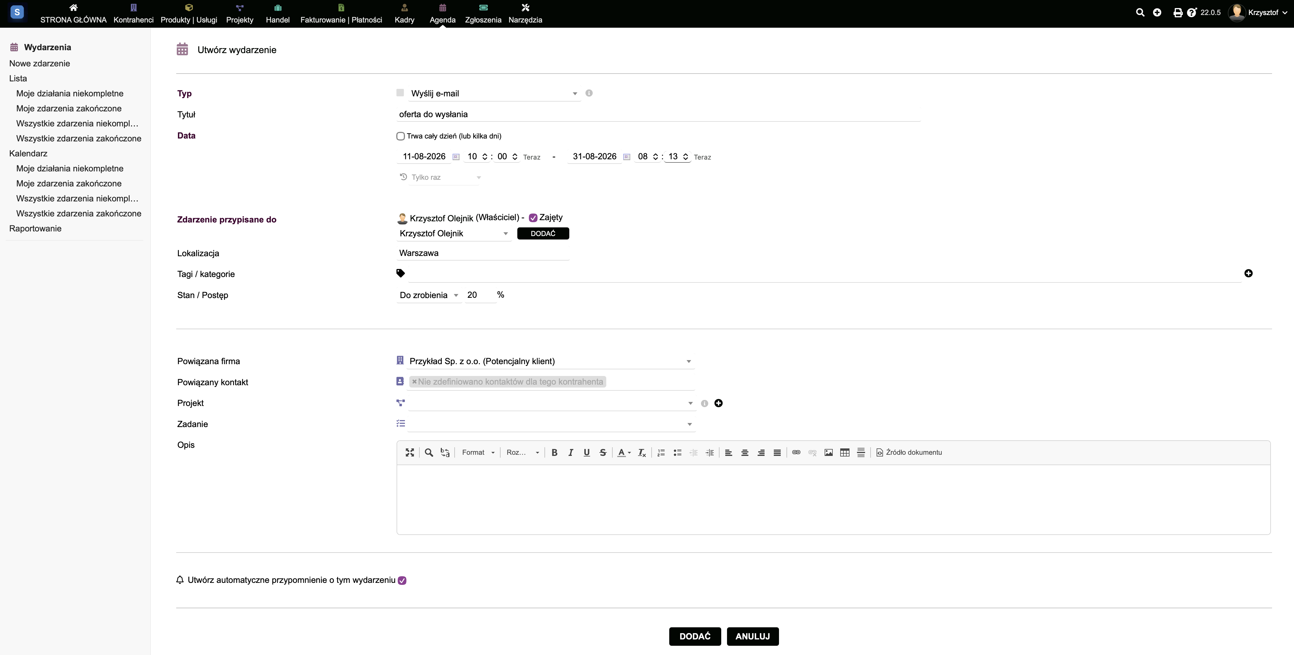 Tworzenie zdarzenia w CRM z automatycznym przypomnieniem