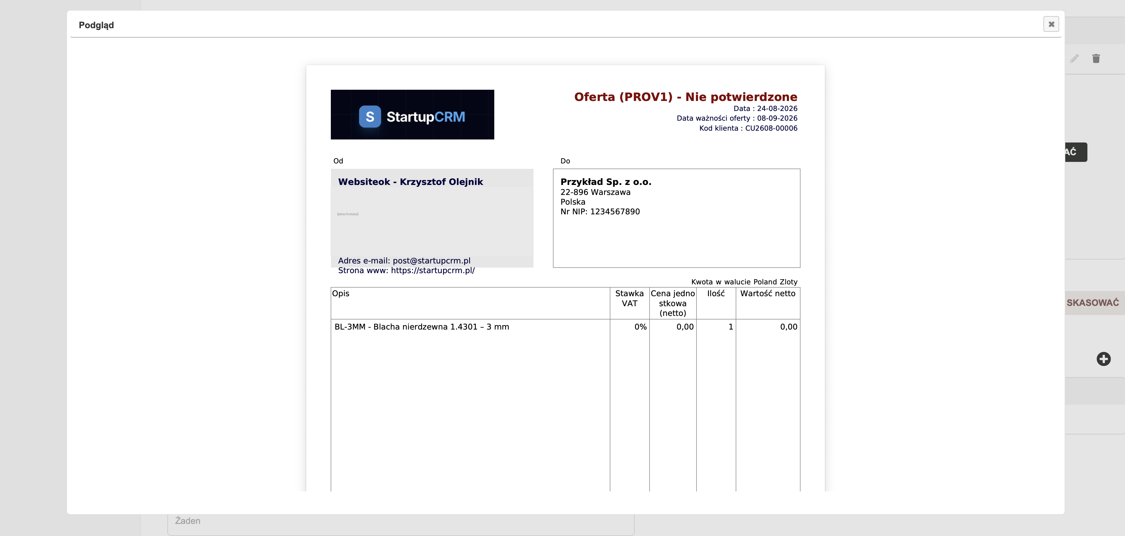 Dokument oferty wygenerowany przez CRM: faktura powstaje z tych samych danych