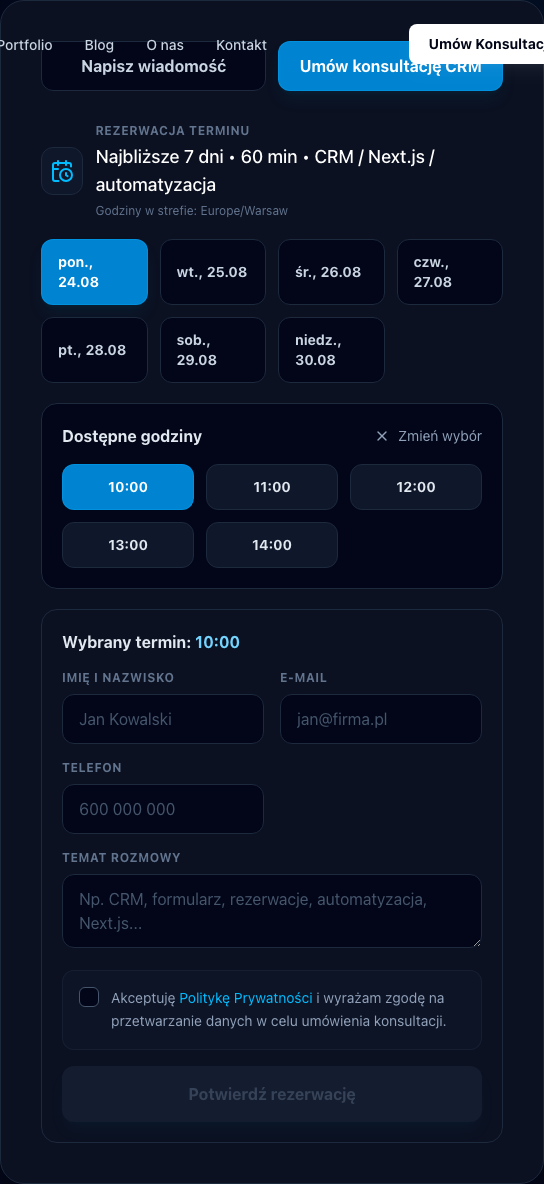 Formularz rezerwacji z danymi klienta, telefonem i zgodą na przetwarzanie danych