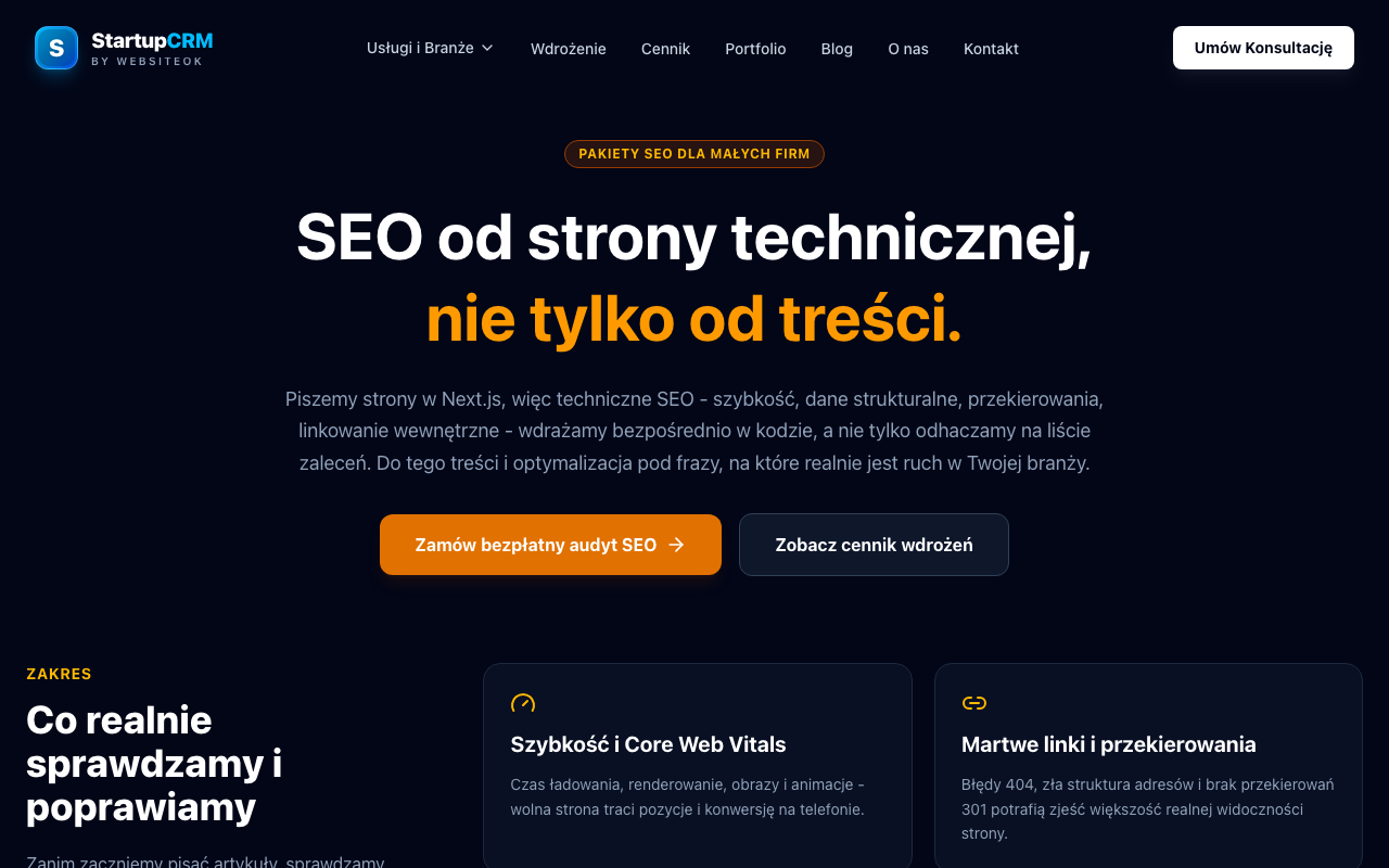 Strona z ofertą pakietów SEO: bezpłatny audyt, szybkość strony i martwe linki