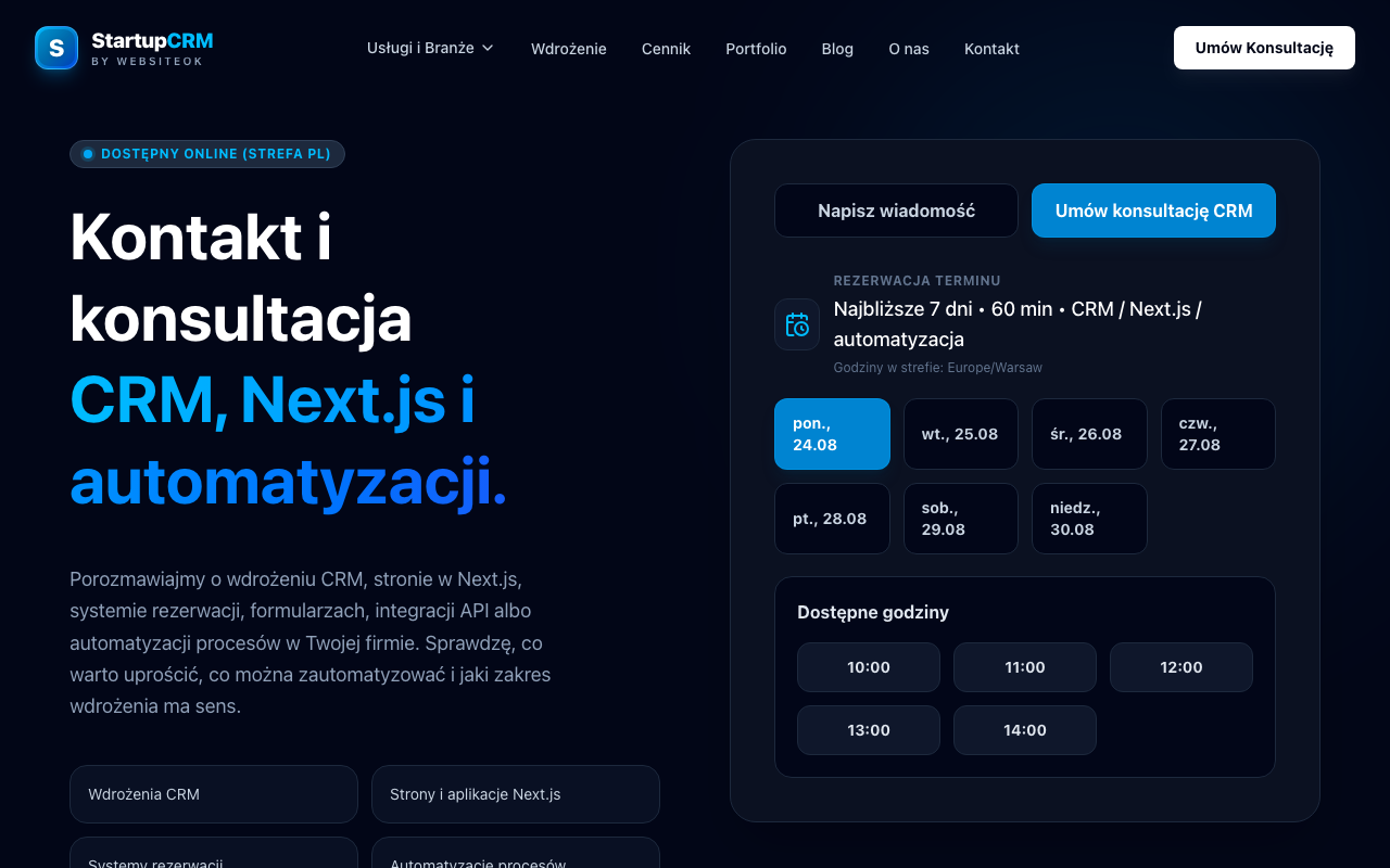 Kalendarz z dostępnymi terminami i formularz rezerwacji na żywej stronie StartupCRM
