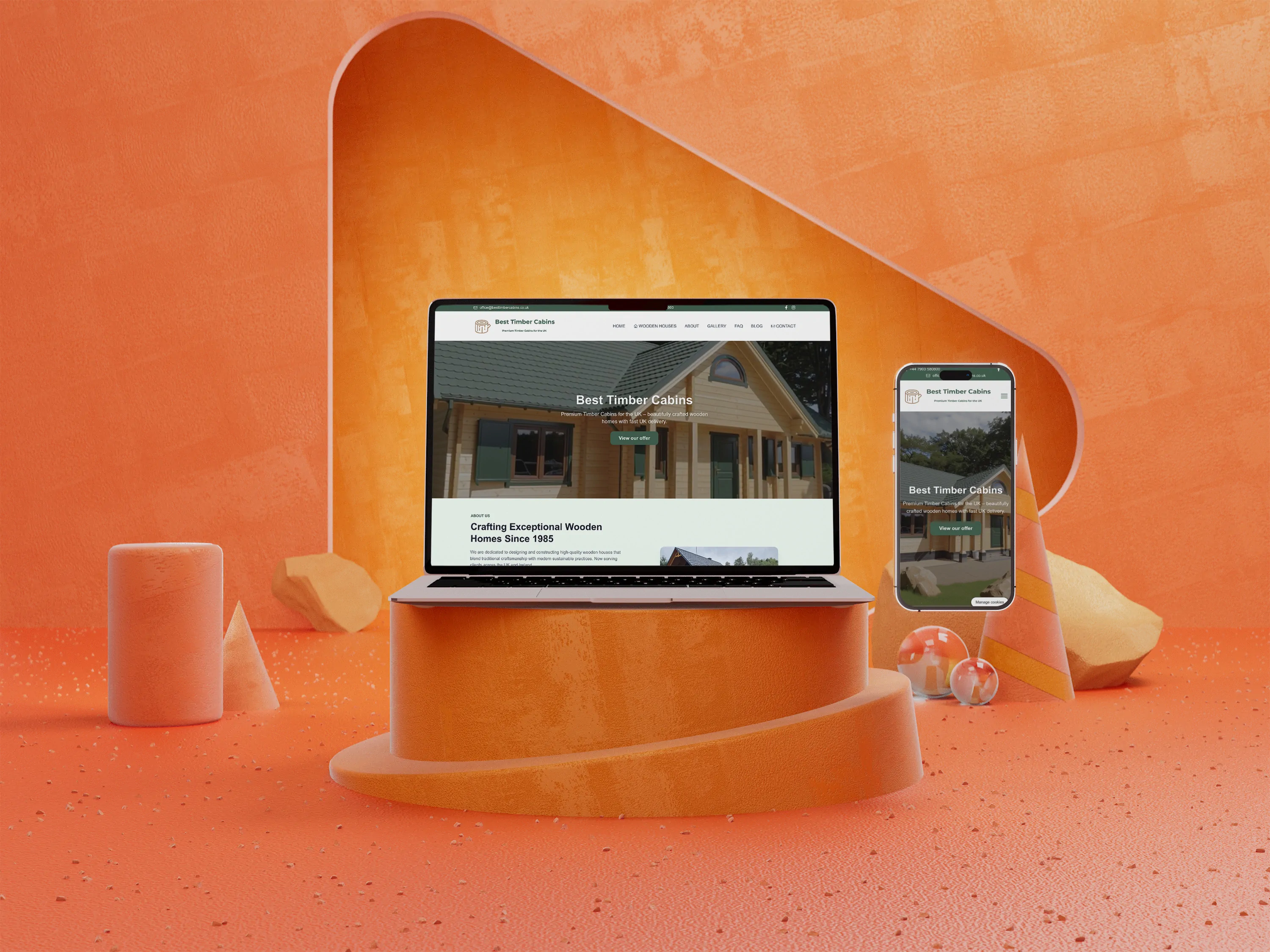 Widok strony besttimbercabins.co.uk – premium drewniane domy i domki w UK